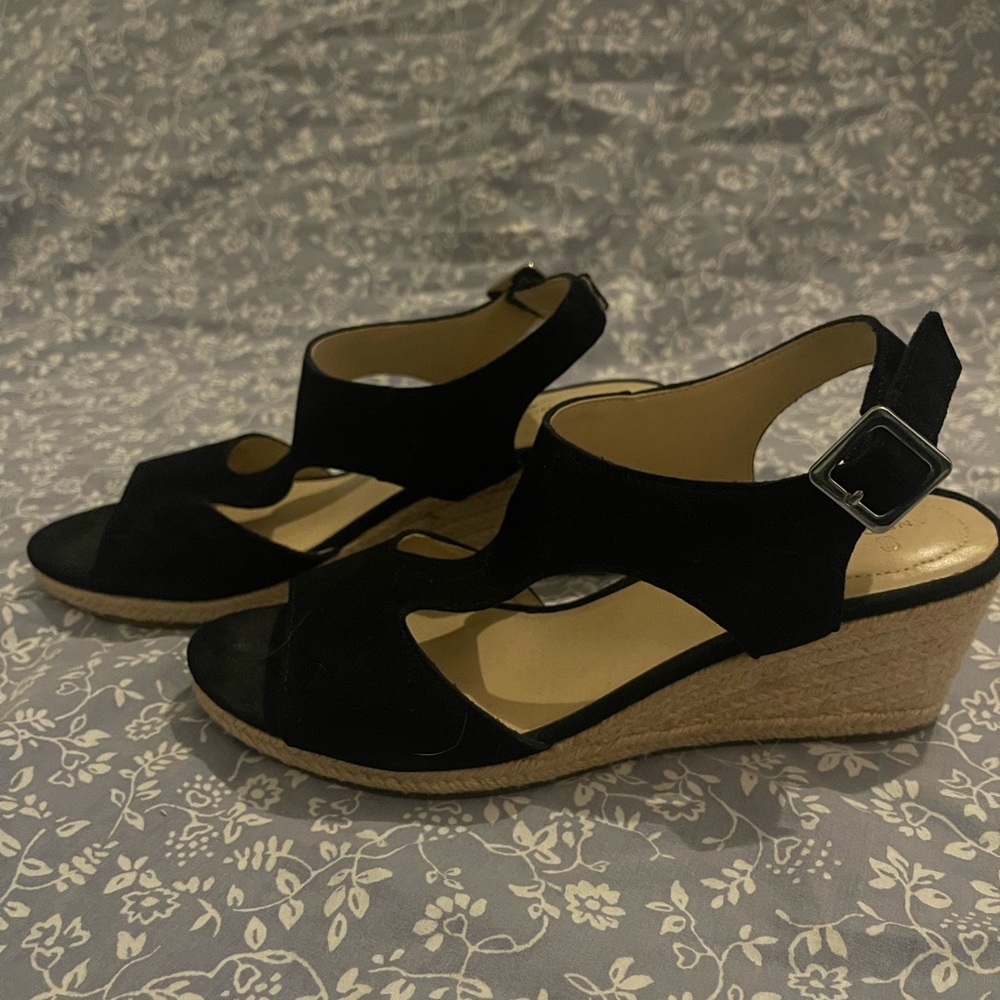 Black Wedged Heels, with adjustable strap, size 7 1/2